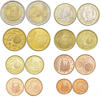 Испания полный евронабор из 8 монет 1999 1, 2, 5, 10, 20, 50 евроцентов, 1 и 2 евро KM 1040, 1041, 1042, 1070, 1071, 1072, 1073, 1074 N6-01