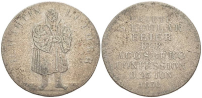 ГЕРМАНИЯ МЕДАЛЬ 1830 25 ИЮНЯ 1830, МАРТИН ЛЮТЕР РЕФОРМАТОР, 300 ЛЕТ АУГСБУРГСКОМУ ИСПОВЕДАНИЮ Whitting 666, Merseburger 2443 серебро 1521-743