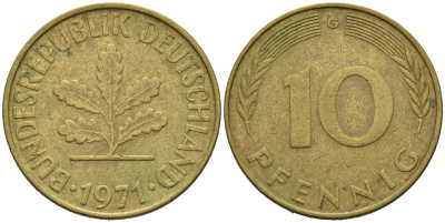 ФРГ 10 пфеннигов 1971 G KM 108, J. 383 сталь плакированная латунью 4681-1131
