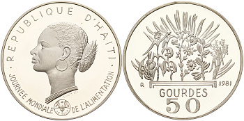 Гаити 50 гурдов 1981 50 лет FAO, голова женщины KM 149 серебро PROOF 1066-1-35