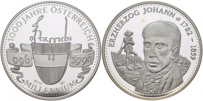Австрия медаль 1996 МИЛЛЕНИУМ, 1000 ЛЕТ АВСТРИИ (966-1996), ЭРЦГЕРЦОГ ИОГАНН (1782-1859) серебро PROOF 00-00