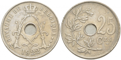 Бельгия 25 сантимов 1922 Belgique KM 68.1 медно-никель 87-1532