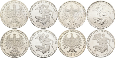 ФРГ набор из 4 монет по 10 марок 1972 XX Олимпийские игры 1972 года в Мюнхене, спортсмен и спортсменка (F, J, D, G), коробка KM 132, J. 403 серебро UNC 3-4-7-25