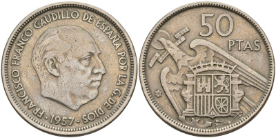 Испания 50 песет 1957 (58) Франсиско Франко (1939-1975) KM 788 медно-никель    4149-346