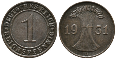 ГЕРМАНИЯ 1 РЕЙХСПФЕННИГ 1931 D KM 37, J. 313 бронза 39-1053