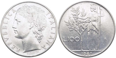 ИТАЛИЯ 100 ЛИР 1967 R, АФИНА KM 96.1 нержавеющая сталь 109-1143