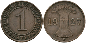 Германия 1 рейхспфенниг 1927 A KM 37, J. 313 бронза 4189-1122