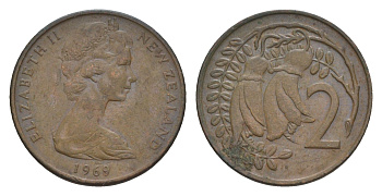 Новая Зеландия 2 цента 1969 Елизавета II (1952-2022), два цветка кохаи KM 32.1 бронза 4655-1142