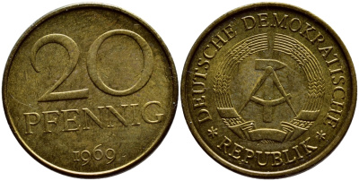 ГДР 20 пфеннигов 1969 A, первый год KM 11 UNC 4395-1127