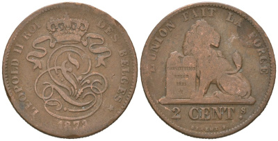 Бельгия 2 сантима 1873 Леопольд II (1865-1909) KM 35.1 медь 4615-657