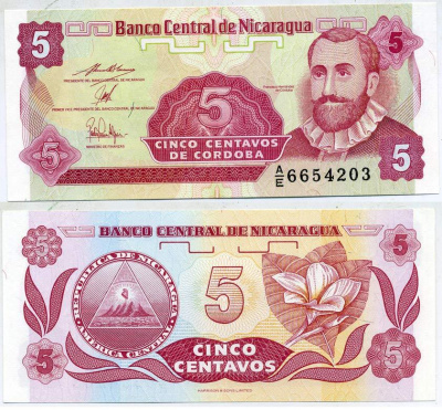 Никарагуа 5 сентаво ND (1991) Франсиско Эрнандес де Кордоба Pick 168a (2) бумага UNC (пресс) 7547-43-4-2