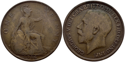 Великобритания 1 пенни 1916 Георг V (1910-1936) KM 810, Spink 4051 бронза 56-213