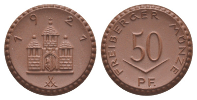 Фрайберг 50 пфеннигов 1921 Men05 8084.8, Men22.2 10080.8, Scheuch 120a фарфор 1094-10-43
