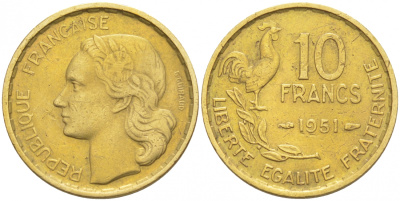 Франция 10 франков 1951 петух KM 915.1, Le Franc 363.4 алюминиевая бронза 187-157