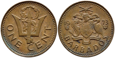 Барбадос 1 цент 1973 сломанный трезубец Британии KM 10 бронза 4396-1247