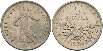 Франция 5 франков 1970 сеятель, тип Semeuse KM 926a.1, Le Franc 341.2 медно-никель плакированный никелем 4590-531