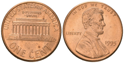 США 1 цент 1995 Авраам Линкольн  KM 201b цинк плакированная медью UNC 220-1155