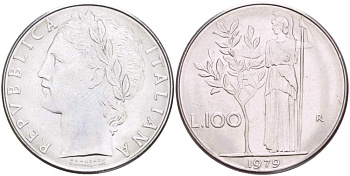 Италия 100 лир 1979 R, Афина в доспехах KM 96.1 нержавеющая сталь 4179-1115