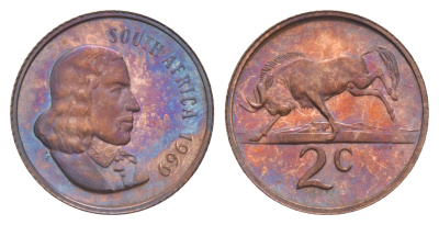 ЮАР 2 цента 1969 Ян ван Рибек (1619-1677), South Africa, легенда на английском, антилопа, тираж 12.000 экземпляров KM 66.1 бронза PROOF 603-1244