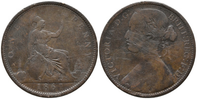 Великобритания 1 пенни 1861 Виктория (1837-1901) KM 749.2, Spink 3954 бронза 32-735