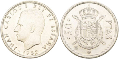 ИСПАНИЯ 50 ПЕСЕТ 1982 ХУАН КАРЛОС I (1975-) KM 825 медно-никель XF-UNC 4517-315