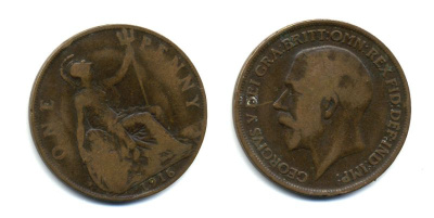 Великобритания 1 пенни 1916 Георг V (1910-1936) КМ 810, Spink 4051 бронза 47-116