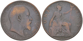 Великобритания 1 пенни 1903 Эдуард VII (1901-1910) KM 794.2, Spink 3990 бронза 3460-1031