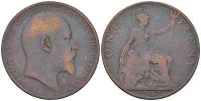 Великобритания 1 пенни 1903 Эдуард VII (1901-1910) KM 794.2, Spink 3990 бронза 3460-1031