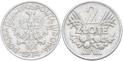Польша 2 злотых 1974 MW KM 46, Parchimowicz 216h алюминий 4542-835
