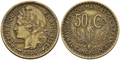 Камерун 50 сантимов 1926 (a), мондвор Париж KM 1 алюминиевая бронза 4169-1143