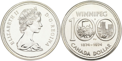 Канада 1 доллар 1974 100 лет городу Виннипег KM 88a серебро UNC 1095-4-33
