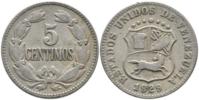 Венесуэла 5 сентимо 1929 редкий год KM 27 медно-никель 4532-255
