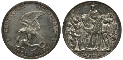 Пруссия 3 марки 1913 Вильгельм II (1888-1918), 100 лет победы над Наполеоном KM 534, J. 110 серебро 3711-1224