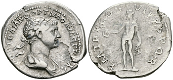 Римская Империя денарий 114 - 117 Траян PM TR P COS VI PP SPQR Гений, держащий патеру и колосья пшеницы Рим Very fine RIC 303 серебро 1073-4-17