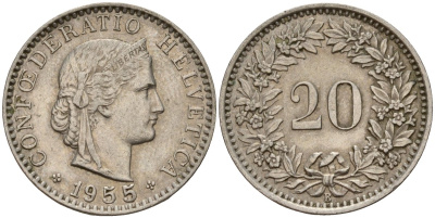 Швейцария 20 раппенов 1955 B KM 29a медно-никель 4187-542
