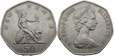 Великобритания 50 пенсов 1969 Елизавета II (1952-2022) KM 913, Spink 4223 (H1) медно-никель 4680-932