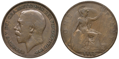 Великобритания 1 пенни 1916 Георг V (1910-1936) КМ 810, Spink 4051 бронза 4680-243