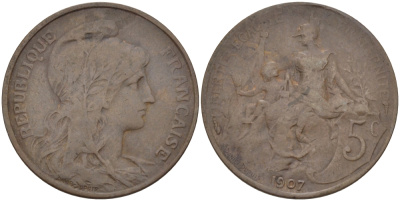 ФРАНЦИЯ 5 САНТИМОВ 1907 ТИП ДАНИЭЛЬ ДЮПЮИ KM 842, LE FRANC 119.17 бронза 28-616