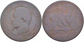 Франция 10 сантимов 1854 D, Наполеон III (1852-1870) KM 771.4 бронза 3460-942