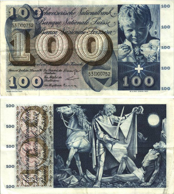 Швейцария 100 франков 1965 23 декабря 1965, серия 53 D, подпись 40 Pick 49 h бумага 8606-23-1-2