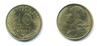 Франция 10 сантимов 1985 тип Марианна KM 929, LE FRANC 144.25 медь алюминий никель 84-1633