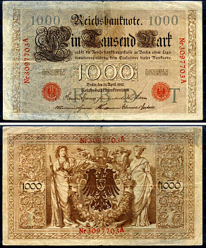 Германия 1000 марок 1910 21 апреля 1910, красная печать, номер семизначный, серия A, буква T, выпуск АПРЕЛЬ - ИЮЛЬ 1918 Pick 44 b бумага 2194-36-1-1