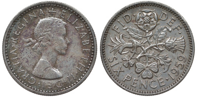 Великобритания 6 пенсов 1959 Елизавета II (1952-2022) KM 903, Spink 4149 медно-никель 4122-621