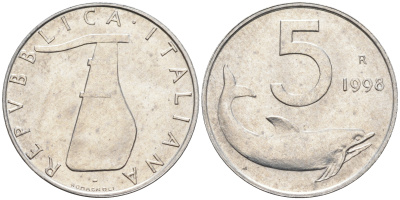 Италия 5 лир 1998 R, дельфин KM 92 алюминий  UNC  4594-958
