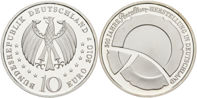 ФРГ 10 евро 2010 G, 300 лет производства фарфора в Германии KM 287, DE.S. 10.47 серебро PROOF 1076-4-34