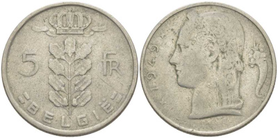 Бельгия 5 франков 1949 Belgie, Леопольд III (1934-1951) KM 135.1 медно-никель 119-747