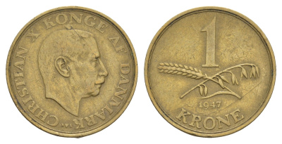 Дания 1 крона 1947 N, Кристиан X (1912-1947) KM 835 алюминиевая бронза 4657-352