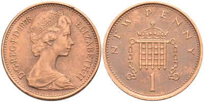 Великобритания 1 пенни 1978 Елизавета II (1952-2022) KM 915, Spink 4237 (B1) бронза 4588-543
