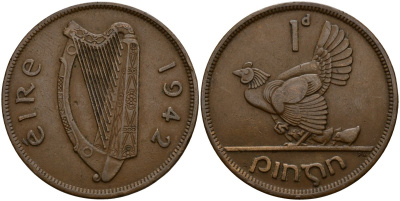 Ирландия 1 пенни 1942 курица с цыплятами KM 11 бронза 4157-1112