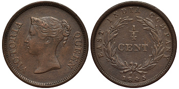 Стрейтс-Сетлментс 1/4 цента 1845 Виктория (1837-1901), год тип, медальный тип KM 1 медь 1523-334